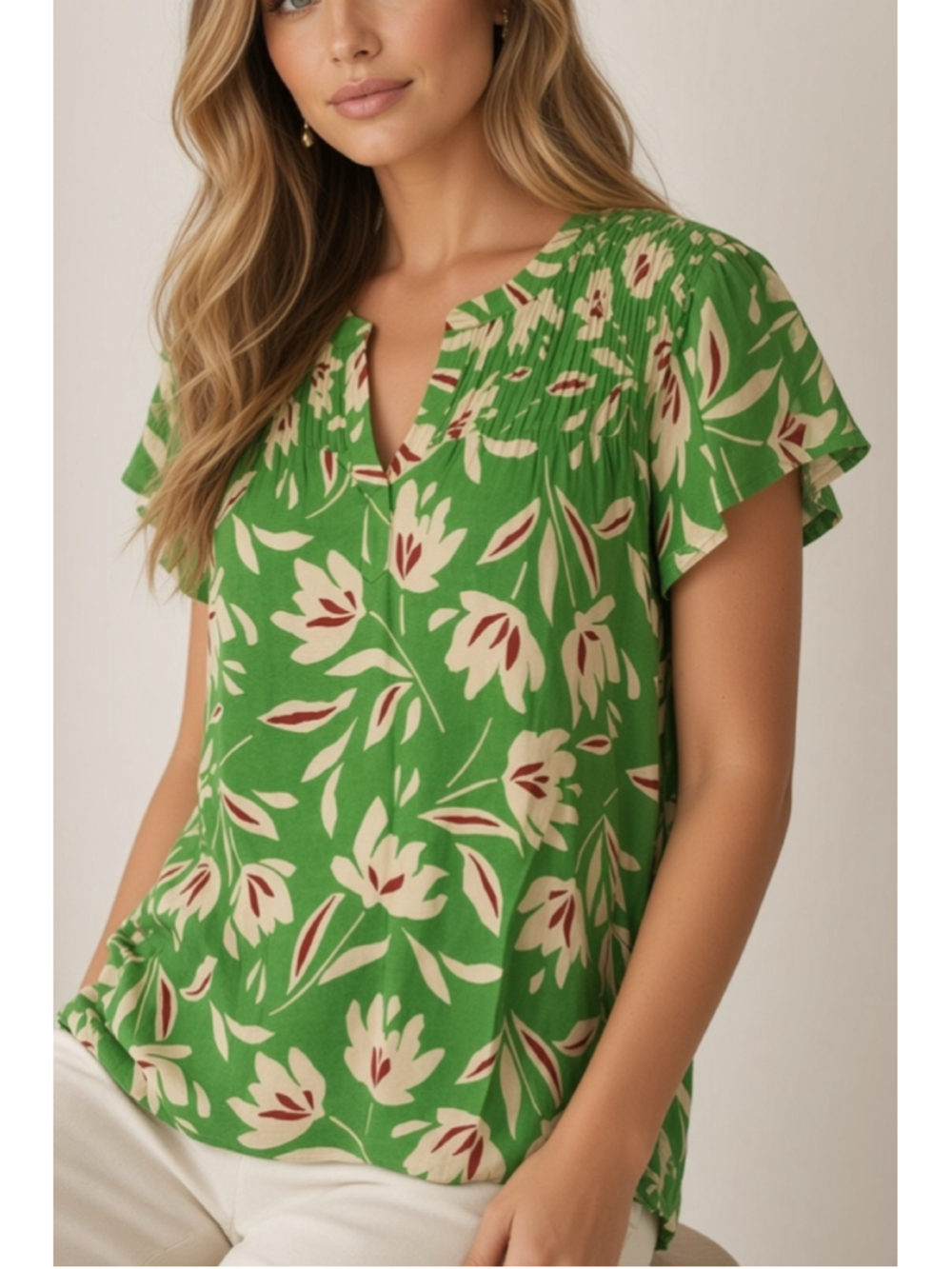 NWT Daniel Rainn Green Floral Pleated Detail Short Sleeve Blouse Size Large